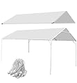 Eunika 10 x 20 Ft Carport Replacement Canopy Cover Garage Car Top Tent 180G PE Fabric Shelter Tarp Tent with 50 Ball Bungee Cords, Waterproof & UV Protected (Only Cover, Frame Not Include), White