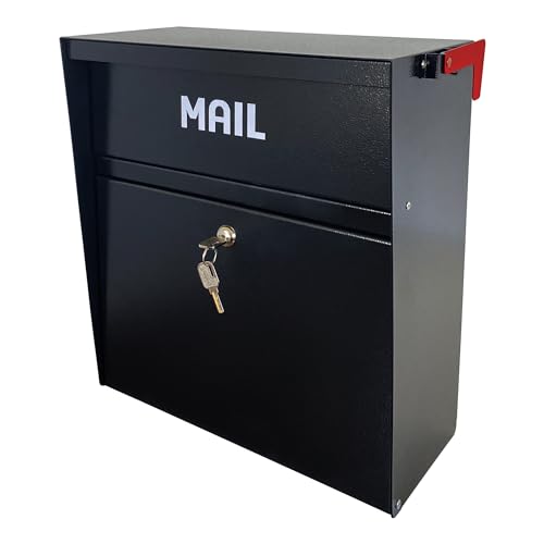 Plugsharge Locking Wall Mount Mailbox with Outgoing Mail Flag Rainproof Galvanized Steel Mailbox for Home Apartment & Business Large Capacity Outdoor Mailbox Black