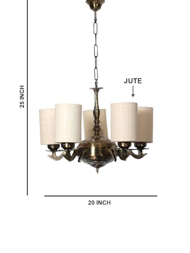 Image of Devansh 05 Lights White Jute Round Shade with Antique Golden Chandelier