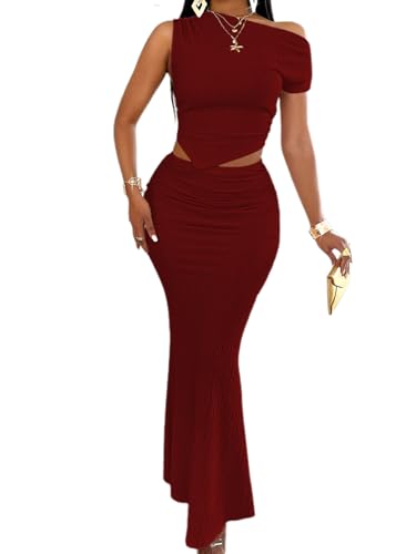 Image of BARASA Two Piece Sets For Women Summer One Shoulder Tops Bodycon Maxi Skirt Set Vacation Sexy Outfits DSA75