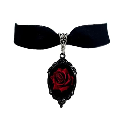 Dark Red Rose Flower Black Velvet Choker Necklace for Women Gothic Vintage Victorian Crystal Pendant Collar Necklaces Statement Sexy Cameo Punk Witch Vampire Steampunk Neck Cosplay Jewelry Party