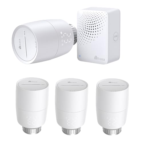 TP-Link Kasa Smart Heizkörperthermostat Bundle – Starter Kit (1 Thermostat + Hub) + 3 Erweiterungen – WLAN, Heizungssteuerung (Kasa App, Zeitpläne, Geofencing, Fensteröffnungserkennung), Matter