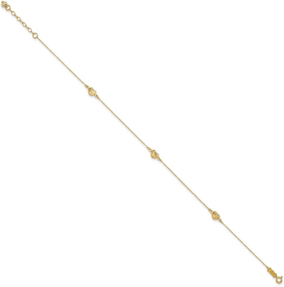 Diamond2Deal 14k Yellow Gold Puff Heart 10in with 1in extender Chain Anklet for Mom