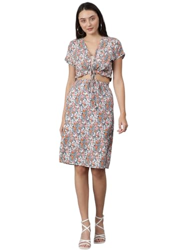 KOTTY Women's Solid Relaxed Fit Short Sleeve Co-ord Top and Skirts Set.(Multicolored,L)