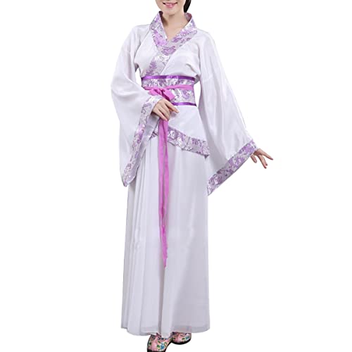 Women's Chinese Hanfu Dress Ancient Traditional Costume Outfit Stage Performance Wear (423# White/Purple, L)