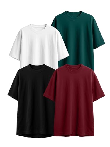 Image of Veirdo 100% Pure Cotton Oversized Loose Fit Half Sleeve Solid Core Round Neck Multicolor T-Shirt Combo for Men & Boys (Pack of 4)