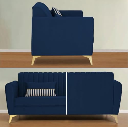 Image of Luxury 5 Seater Sofa Set (3+1+1) Blue Color - Premium Fabric Upholstery, Solid Wood Frame, Modern Living Room Furniture Sofa Set for Home & Office, Velvet Suede Fabric