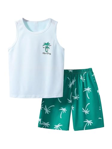 Image of Floerns Boys Boho Sleeveless Tank Top Tropical Print Shorts Set 2 Piece Outfit
