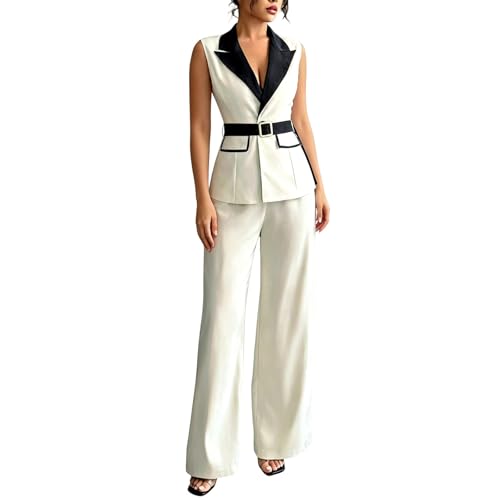 Costume d'affaires femme 2 pièces gilet col en V et pantalon large avec ceinture chic