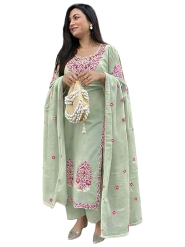 Image of GoSriKi Kurta Sets for Women Viscose Embroidered | Kurta Pant Dupatta Set | Straight Kurti Set for Women | Round Neck 3 /4 Sleeve Ethnic Suit | Designer Indian Kurti Outfit with Pants