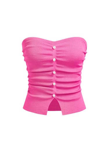 Image of CIDER Faux Pearl Tube Tops for Women Split Hem Knit Crop Y2K Going Out Tops | Cute Ruched Tops, Spring Summer Outfits, Vacation, Concert