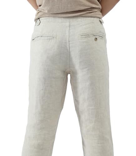 Men's 100% Linen Casual Pants with Adjustable Waist Tabs Tapered Leg Summer Linen Lounge Trousers3