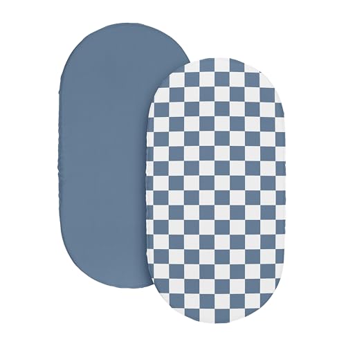 Image of Sweet Jojo Designs 2-Piece Baby Bassinet Sheets Set (Blue Gingham Checkered Plaid) for Boys, Infant Newborn Nursery, Oval, Rectangle & Hourglass Mattress (Solid Steel & Vintage, Classic, Checkerboard)