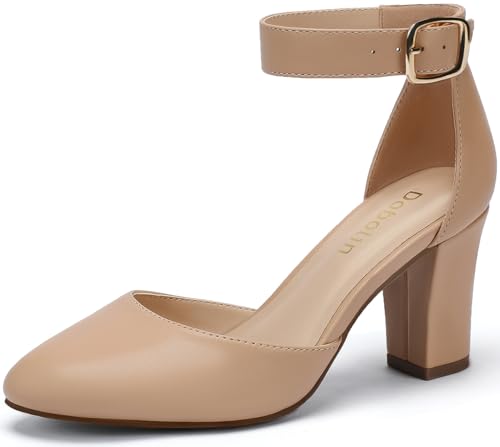 3 Inch Wide Width Chunky Heels for Women Closed Toe Heels Dress Shoes for Womens Round Women Pumps Ankle Strap Buckle Block Heel Party Wedding Comfortable