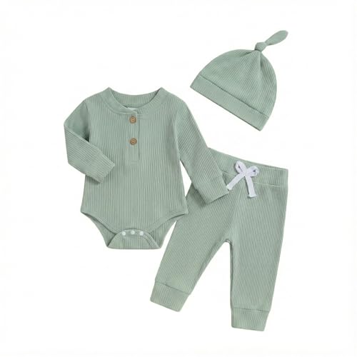 Image of Newborn Baby Boy Clothes Long Sleeve Ribbed Bodysuit Pants Hat 3-Piece Outfit Set