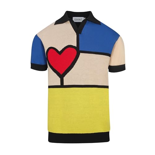 Men's Retro Knitted Poloshirt, 1960s Casual Colorblock V-Neck Polo Cotton Breathable Short Sleeve for Summer