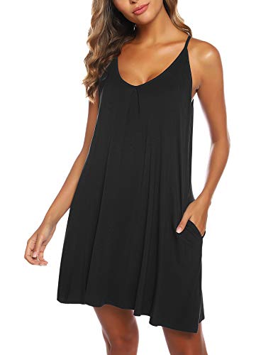 PHIZOI Sexy Slip Night Dress Plus Size Sleepwear Solid Sleepshirt for Women S-XXL (Medium, Black)
