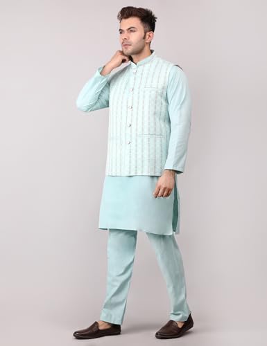 Image of Men's Cotton Silk Blend Regular Kurta Pyjama, Embroidered Nehru Jacket /Waistcoat Set