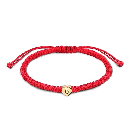 Initial Bracelet Gold Heart Love Charm Initial Bracelet Red Initial O Letter Bracelets Handmade Adjustable Rope Bracelets for Girls Boy Mom Birthday Gifts (O)