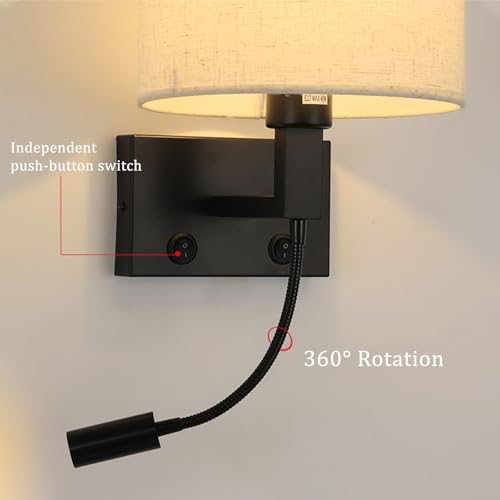 Ángulo ajustable 360° en aplique de pared E27 con interruptor y pantalla textil 3