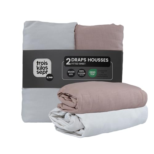 Tres Kilos Sept – Juego de 2 sábanas para bebé, 100% algodón, reverso elástico, certificado OEKO-TEX Standard 100 – blanco y rosa – 60 x 120 cm