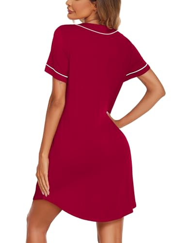 Image of Ekouaer Womens Nightgown Button Down Sleep Shirts Short Sleeve Nightshirt V-Neck Sleepdress Soft Sleepwer