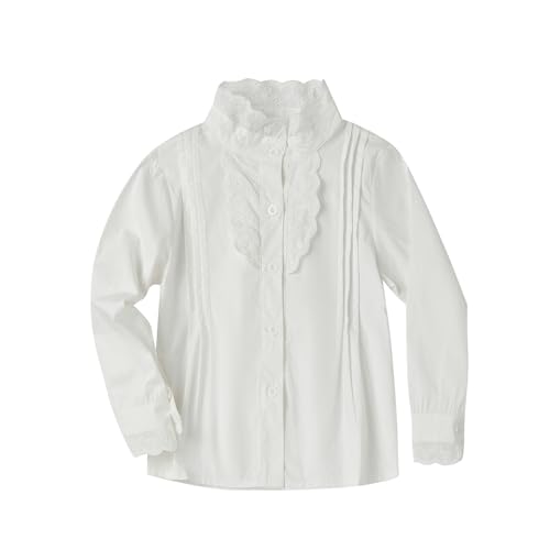 LittleSpring Girls White Button Down Uniform Shirts Long Sleeve Ruffle Blouse