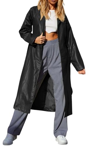 loveimgs Women's Button Down Lapel PU Leather Trench Coat Trendy Full Length Long Sleeve Faux Leather Jacket2