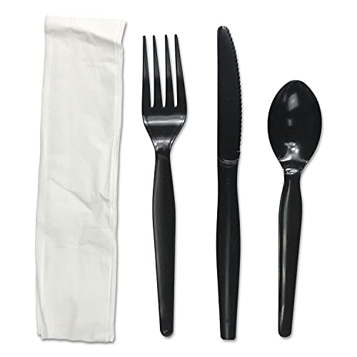 Boardwalk BWKFKTNHWPSBLA 4-Piece Heavyweight Fork/Knife/Napkin/Teaspoon Cutlery Kit - Black (250/Carton)
