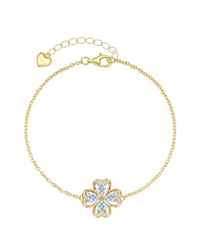 Gold Bracelet for Women, 925 Silver Heart Aquamarine Four Leaf