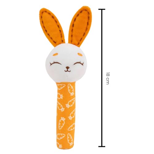 Image of Mirada Soft Plush Bunny Rattle Toy for Babies - 18cm Squeeze Handle with Squeaky Sound | Cute Toddler Toy for Early Skill & Sensory Development - 18cm