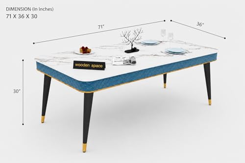 Image of WOODEN SPACE 6-Seater Wooden Dining Table Set | Nano Composite Marble Top | Solid Wood Base | Modern Dining Room Furniture with 6 Chairs (Sky Blue Vento)