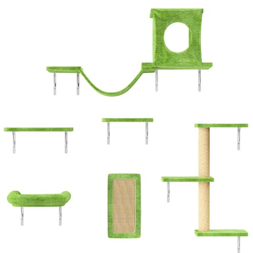 NUNU LAB Cat Wall Shelves, 6 Pcs Luxury Wall-Mounted Cat Climber Set, Indoor Cat Furniture with 1 Condos House, 2 Cat Wall Shelves, 1 Scratching, 1 Bridge Ladder, 1 Scratching Pad, Green