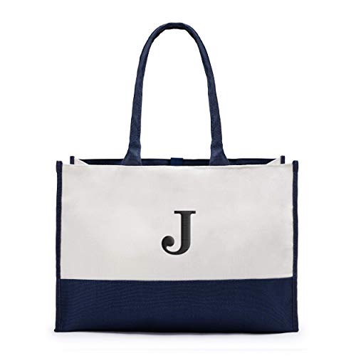 WEDDINGSTAR Large Personalized Color Block Canvas Fabric Tote Bag - Navy