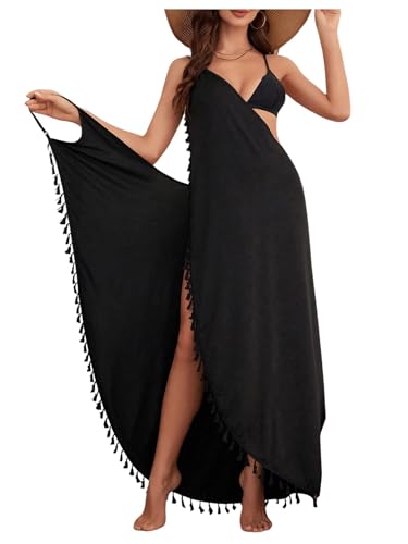 Milumia Women's Tassel Trim Wrap Beach Cover Up Long Dress Sleeveless Bikini Coverups Kmono