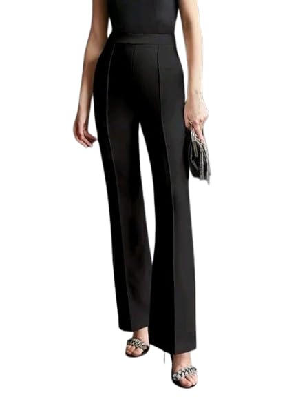 Image of Women's High-Rise Straight Leg Trousers, Relaxed Fit, Flared Style, Lint Free, Pack of 1