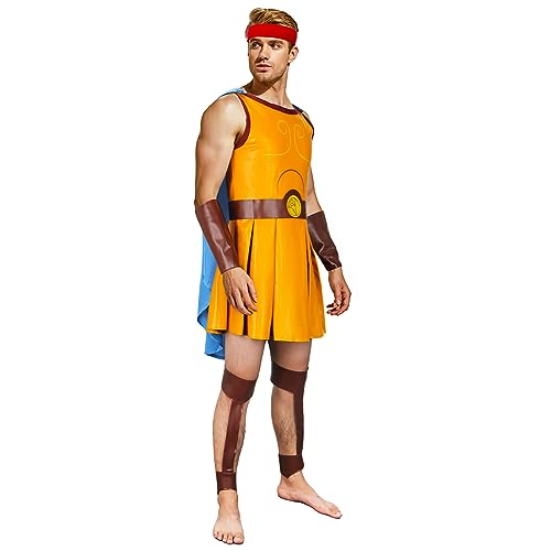 NUWIND Hommes Anciens Romain Déguisement Costume de Soldat Gladiateur Cape Bleue avec Protège-poignets Protège-jambes Costumes Spartan Halloween Cosplay Outfits (M, Orange)
