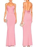 Capuffy Women Drape Neck Formal Maxi Dresses Lace Backless Cocktail Party Dress Spaghetti Straps Mermaid Evening Gown 221(Pink,XS)