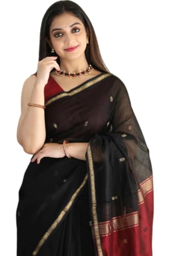 Image of Flosive Women's Chanderi Cotton Silk Saree in Dual-Tone Black & Maroon | Elegant Gold Zari Border with Butti Work | Traditional Saree with Unstitched Blouse Piece