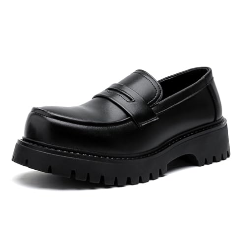 Men's Classic Black Platform Loafers Round Toe Breathable Leather Slip On Work Shoes Comfort Non Slip Lug Sole Penny Shoes