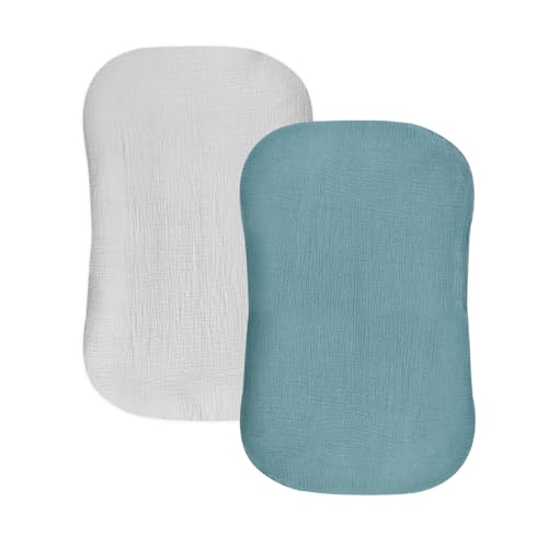 Image of Hooyax Muslin Baby Lounger Cover 2 Pack, Organic Cotton Removable Slipcover for Newborn,Baby Padded Lounger Infant Floor Seat Cover for Boys Girls (Blue Gray)