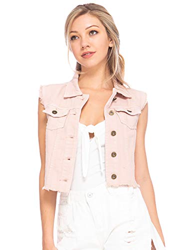Anna-Kaci Womens Juniors Cotton Denim Blue Sleeveless Crop Jacket Jean Vest, Pink, Small