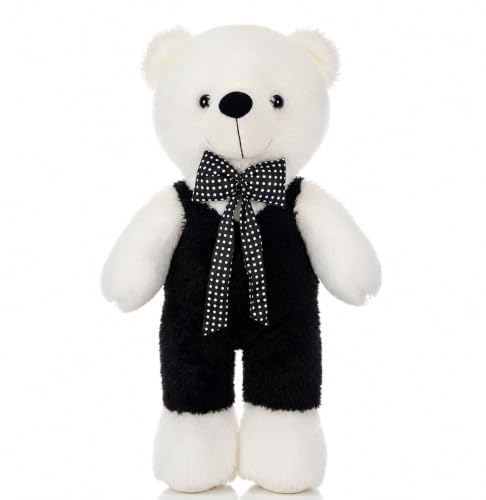 Cute Teddy Bear, Large Stuffed Animal, Plush Toy with Black Overalls, Bow Tie, Soft Cuddly Bear for Kids, Big Plushie, Birthday Gift for Girls Boys, N