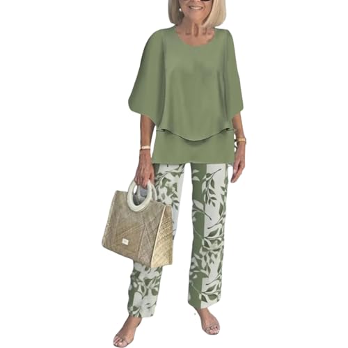 LOZ Women's 2 Piece Outfits Green 3/4 Sleeve Double Layer Top and Leaf Print Straight Leg Pants Lounge Set 2025 Trendy
