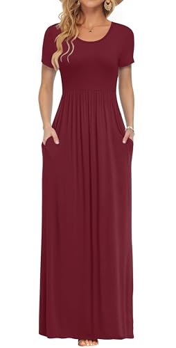 AUSELILY Long Dress for Women Spring Casual Short Sleeve Crewneck Empire Waist Maxi Dresses with Pockets 2026 Wine Red M