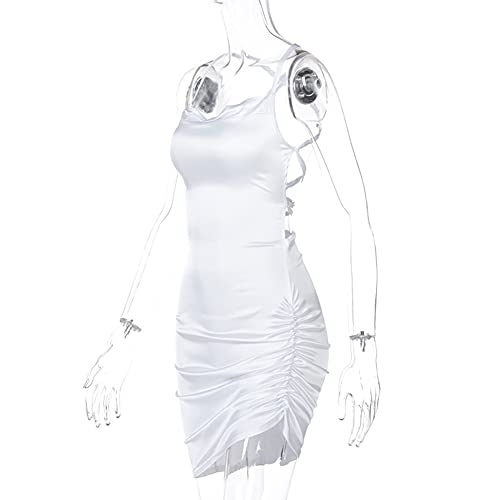 Image of JUMISEE Women Satin Ruched Lace Up Bodycon Mini Dress Sexy Backless Spaghetti Strap Party Dress for Cocktail Clubwear