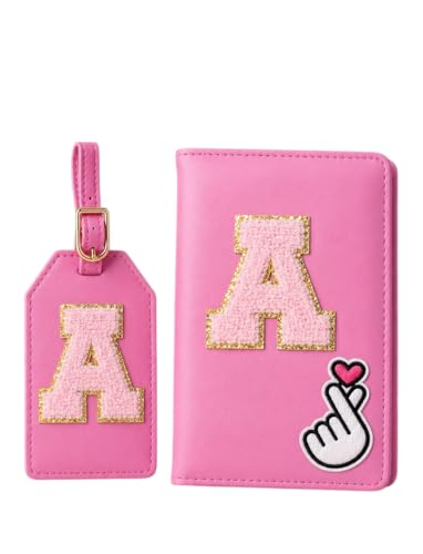 Image of Personalized Passport Cover & Luggage Tag Set | Korean Hert Patch | Initial Letter Travel Wallet with Matching Name Tag | Customize Gift | Stylish Travel Accessories Gift Set (Dark Pink)