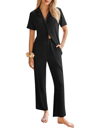Image of Ekouaer Womens Rib Knit Pajamas Button Up Lounge Sets Short Sleeve Top and Long Pants Matching Pjs Sleepwear Loungewear