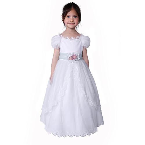 Pettigirl Girls First Communion White Flower Clothing Kids Elegant Wedding Bridesmaid Pageant Prom Ruffle Fancy Dresses