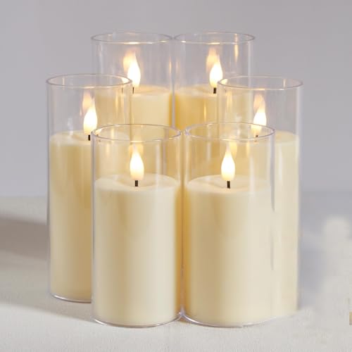 Yeelida Flammenlose LED-Kerzen mit zwei Fernbedienungen, 6er-Pack Elfenbein Flackern Batteriebetriebene Plastiksäule Zeitschaltuhr-Kerzen(5.5cmx 11.3, 11.3, 13.4, 13.4, 15.5, 15.5cm)